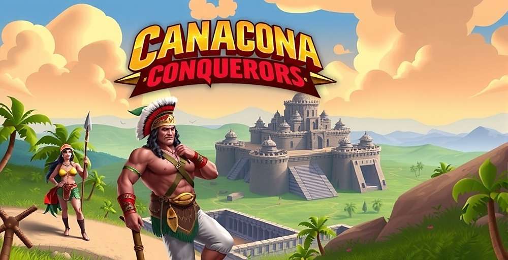 Canacona Conquerors game cover featuring Indian warriors in traditional attire with ancient forts in background