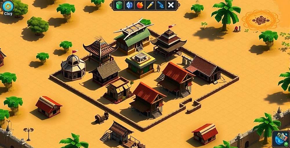 Canacona Conquerors gameplay screenshot showing a player's village with various traditional Indian buildings